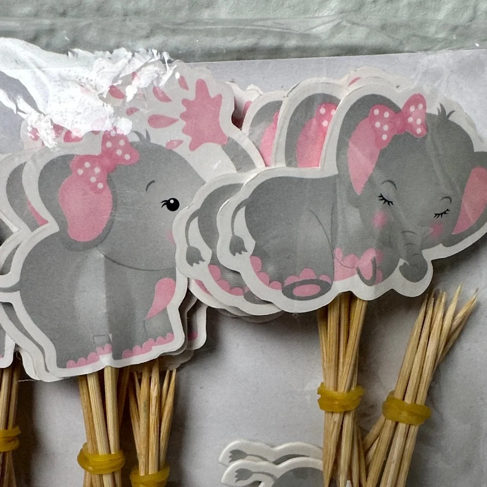Elephant Themed Party Cupcake Toppers | Pink and Gray | 48 Pieces